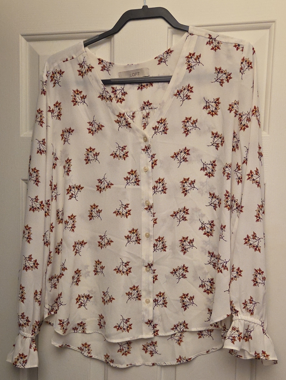 LOFT White Blouse with Rust Floral Print